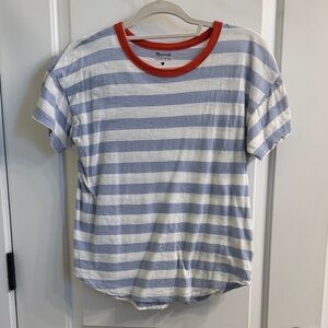 Madewell Blue and White Striped Tee with Red Collar